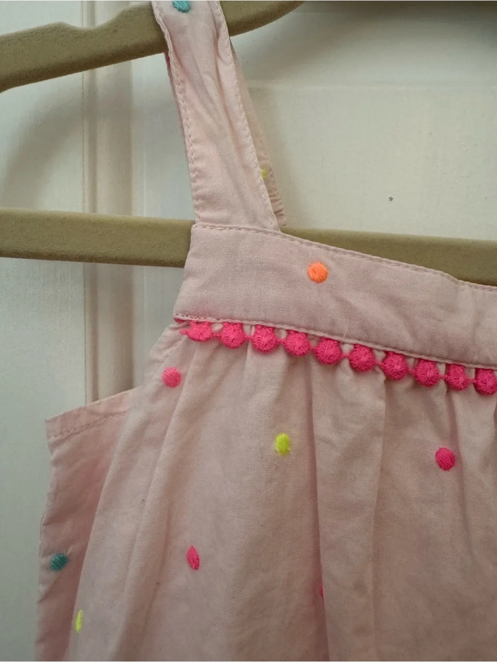 GAP Light Pink Pom-Pom Cotton Romper with Multicolor Dots